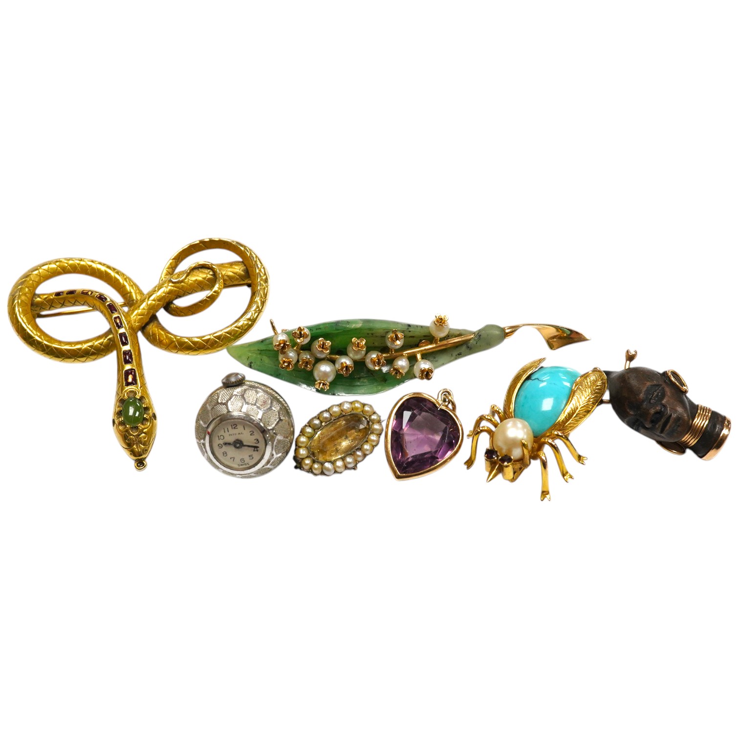 Assorted jewellery including gold plated serpent brooch, an 18k bust charm, 14k, turquoise and cultured pearl set bug brooch, etc. Condition - fair to good